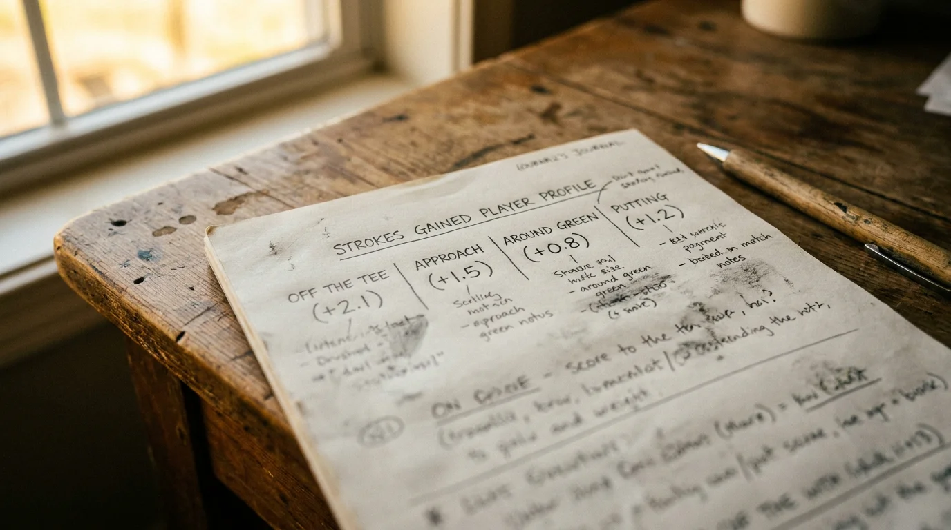 Handwritten strokes-gained player profile sheet on a desk with simple category scores noted in pencil