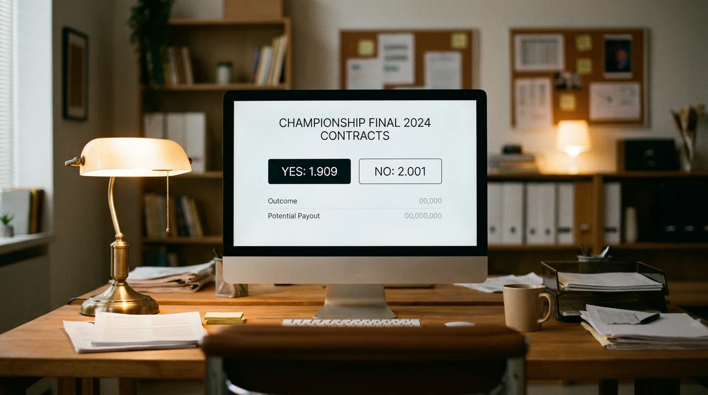 Computer screen showing a generic event contracts prediction market interface with yes and no prices for a sporting event