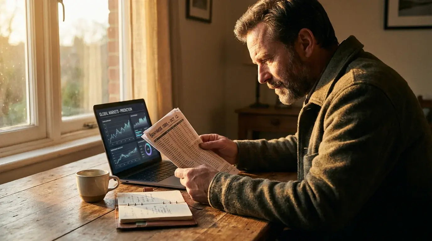 UK punter at a desk comparing a printed bookmaker price sheet against a generic prediction market screen for the same golf event