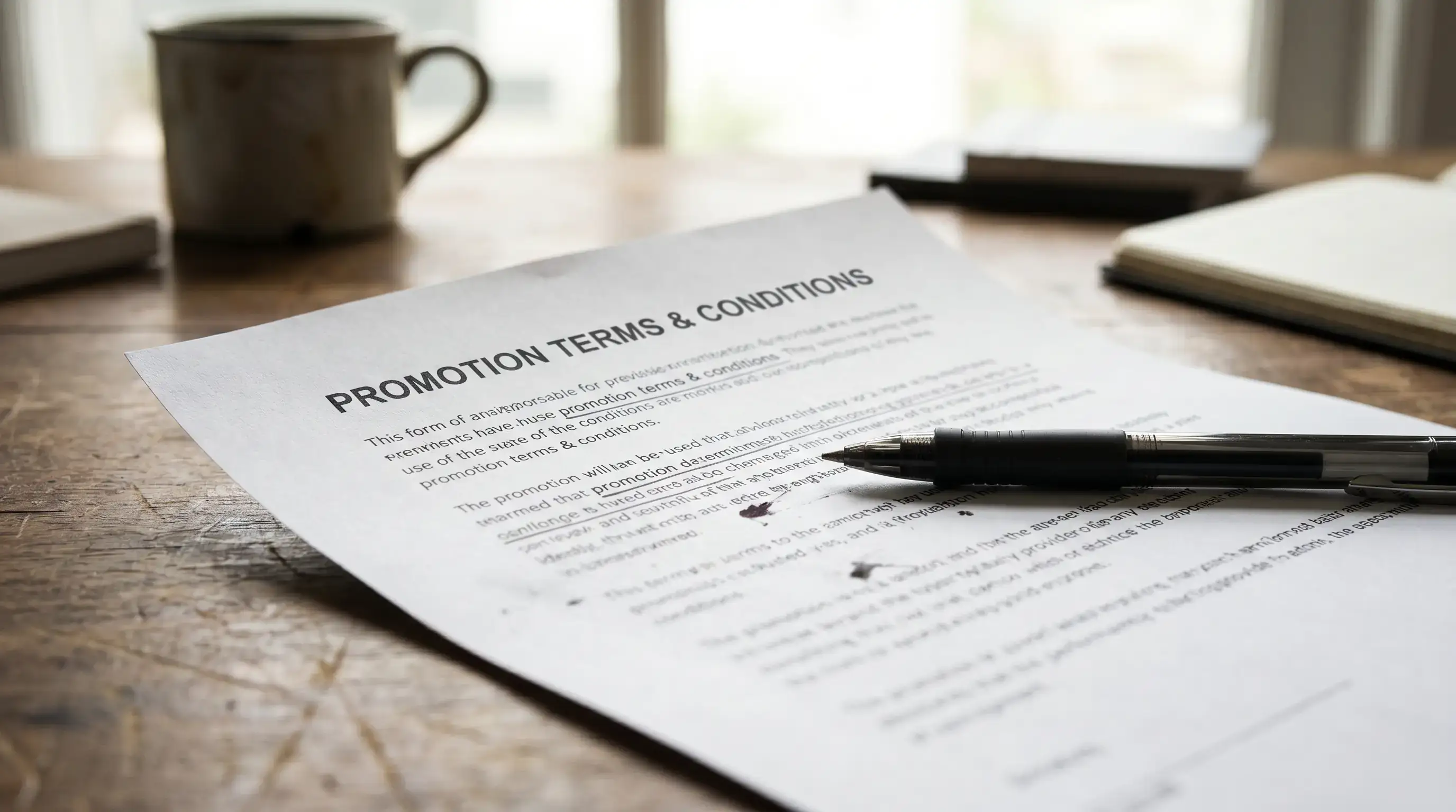Bookmaker promotion terms document on a desk with a pen used to underline eligibility clauses