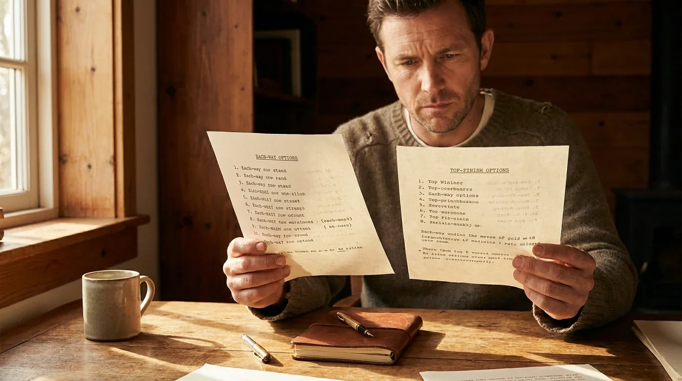 UK punter at a desk comparing two paper price sheets side by side to choose between an each-way and a top-finish bet