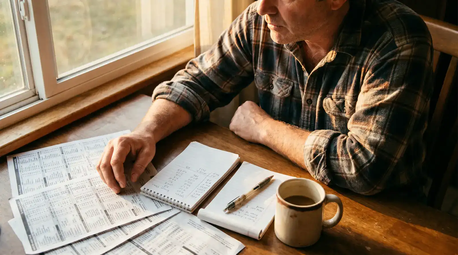 UK punter at a desk comparing a printed odds sheet against a small notepad of model probabilities for the same golf tournament