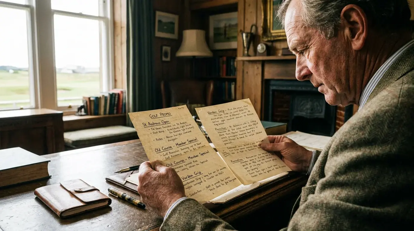 Punter at a desk comparing two pages of handwritten promo notes side by side ahead of a major championship