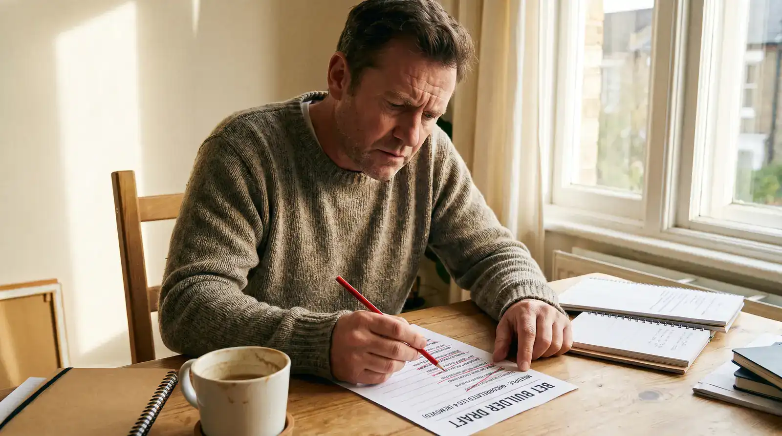 UK punter crossing out an uncorrelated leg on a bet builder draft with a red pencil at a desk