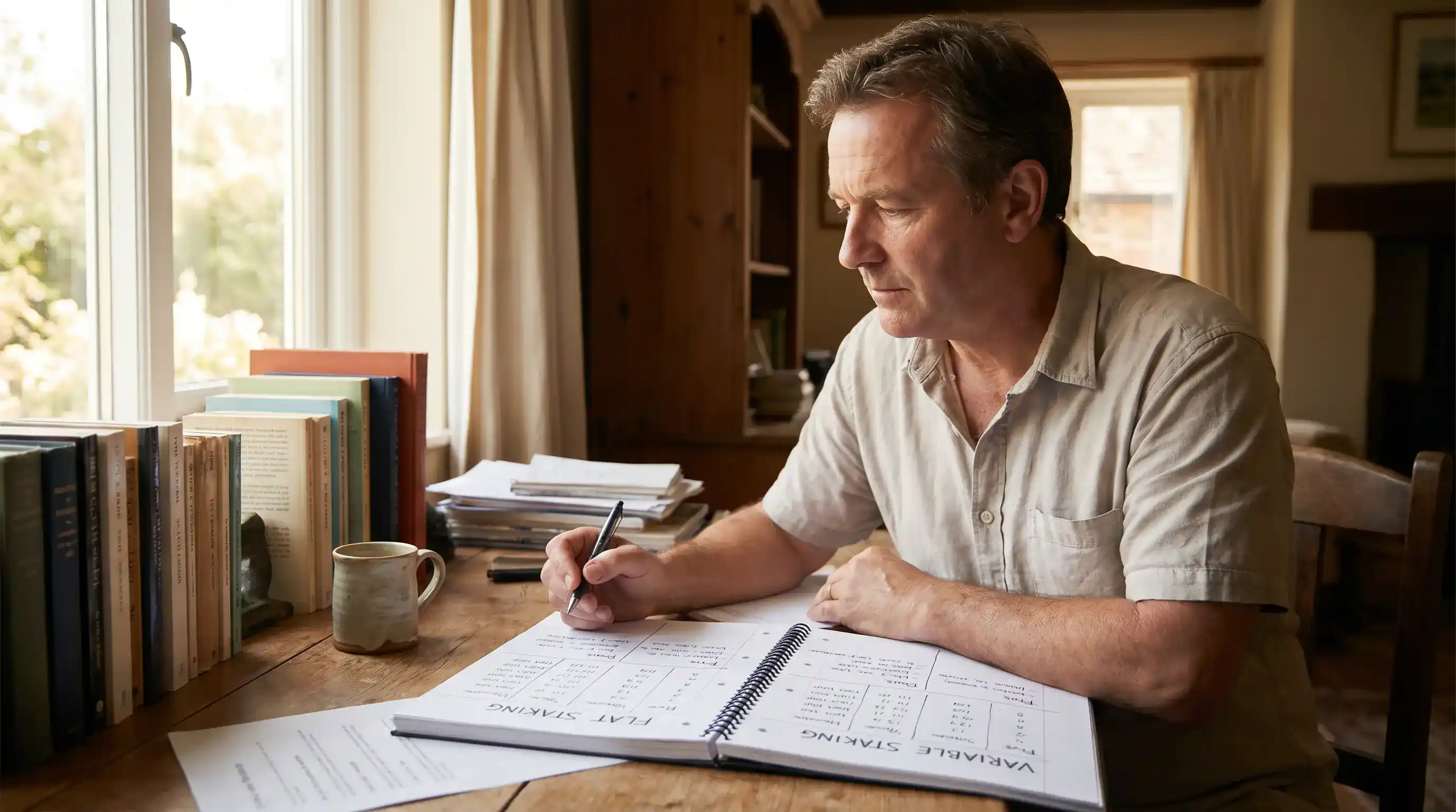 UK punter at a desk weighing up flat versus variable staking decisions for the upcoming golf weekend with two notepad pages side by side