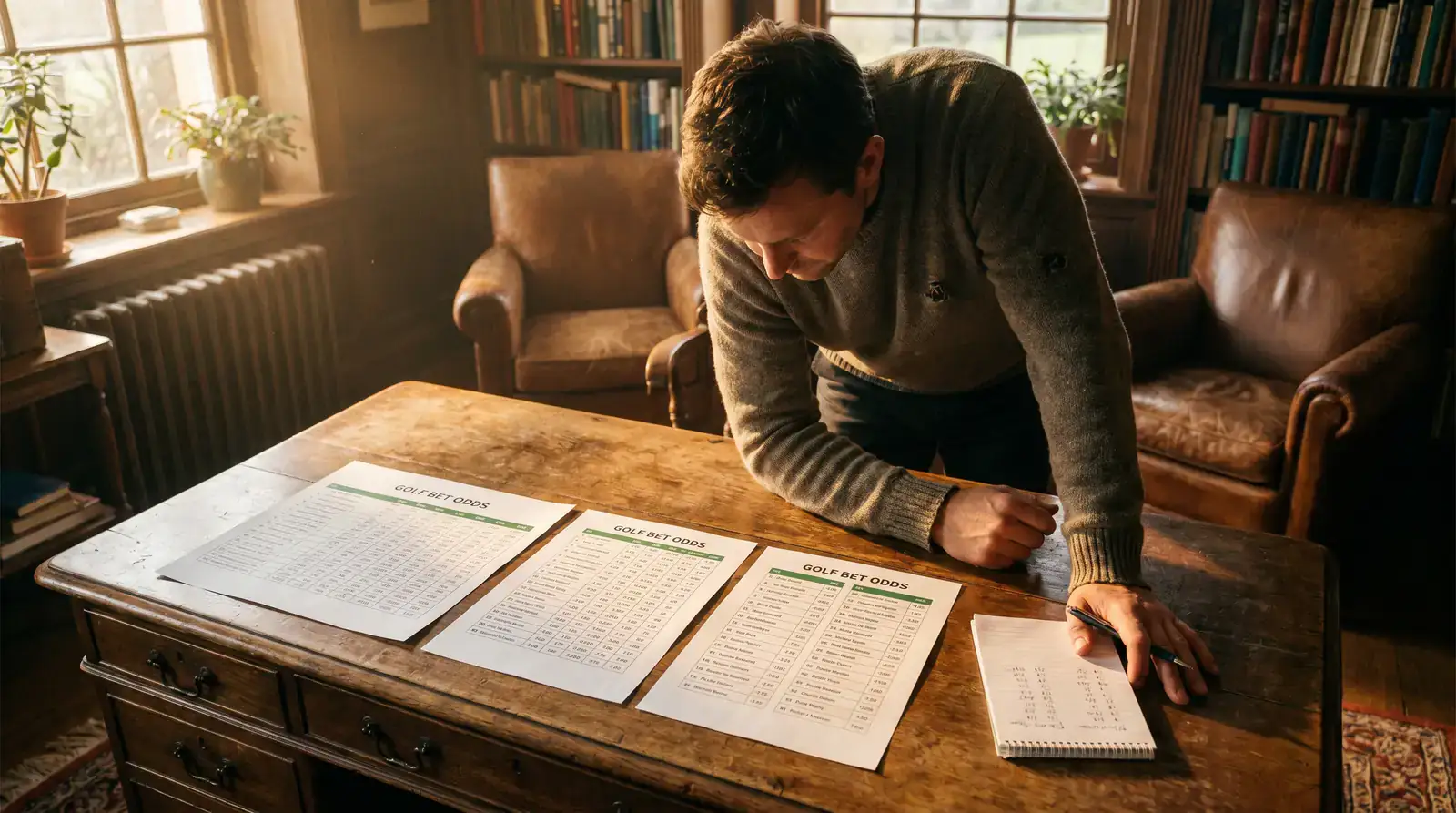 UK punter at a desk comparing three printed sheets of golf odds in fractional decimal and American formats side by side