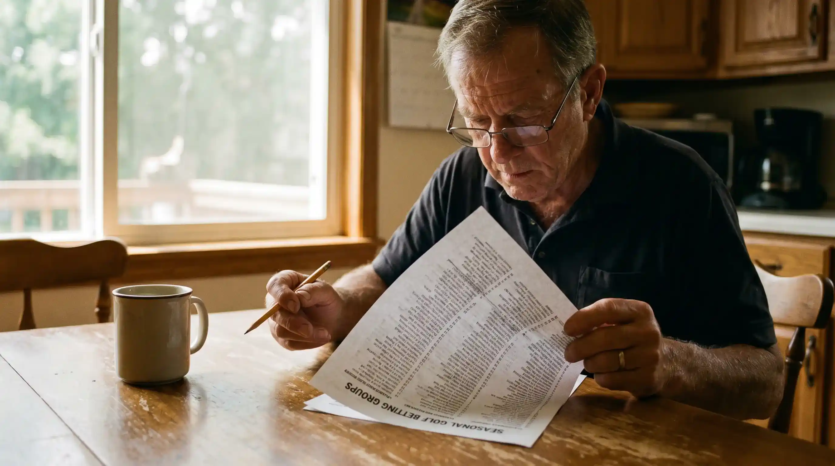 UK punter scanning a printed list of bookmaker betting groups for soft pockets ahead of a parkland tournament