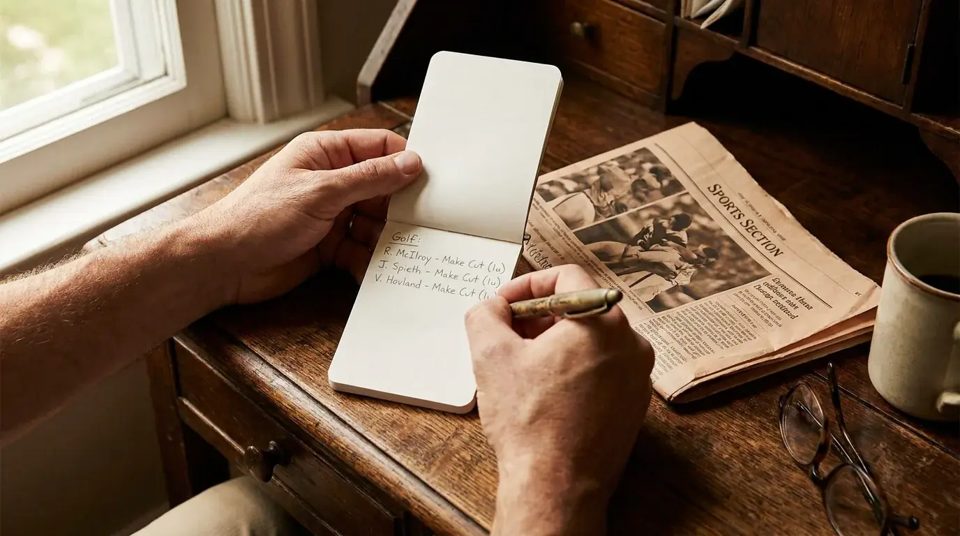UK punter at a desk writing unit-size stakes in a small notepad for several make-the-cut bets across a Sunday afternoon slate