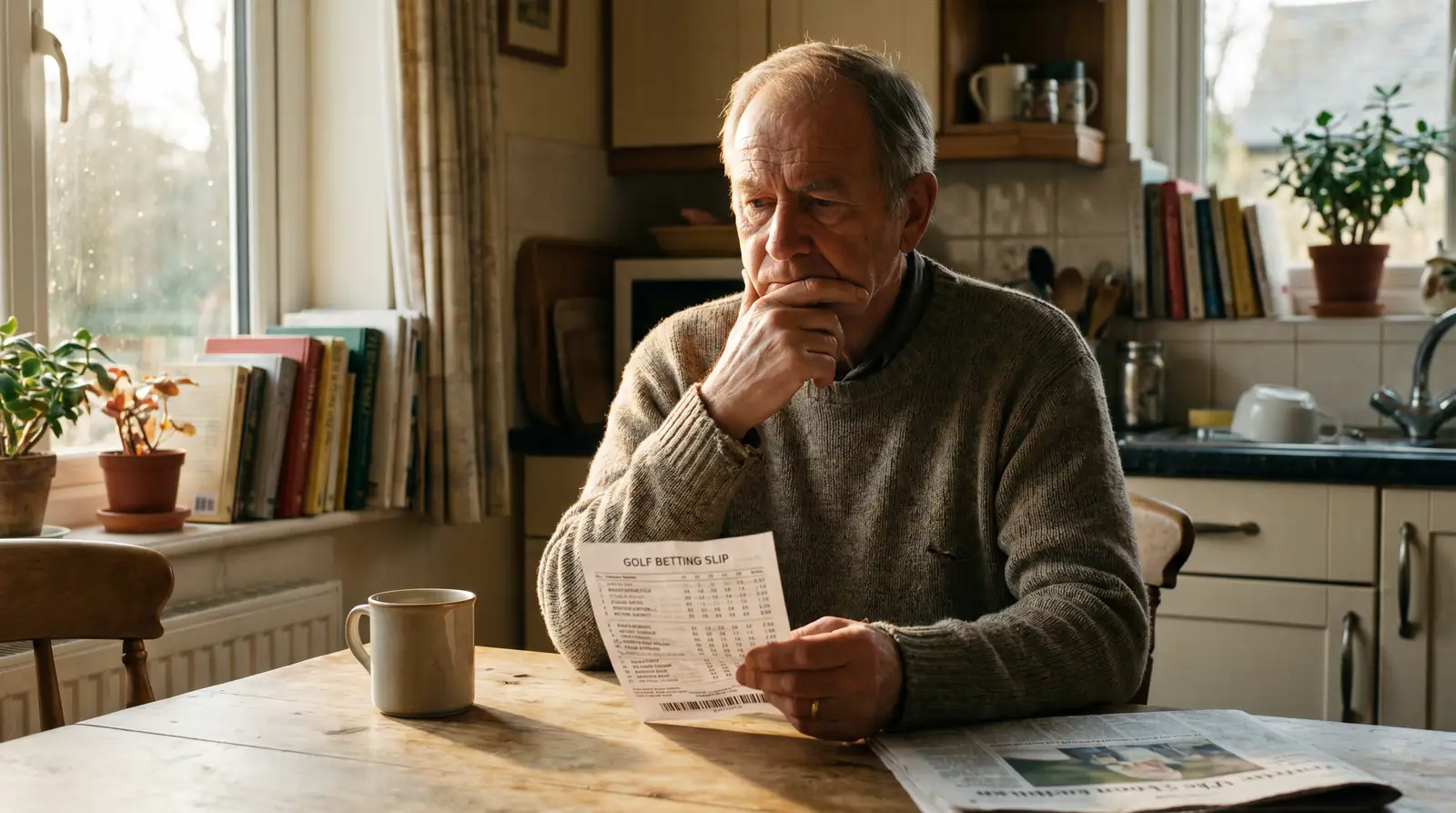 UK punter sitting back at a kitchen table thinking carefully about a cash-out decision with a betting slip in hand