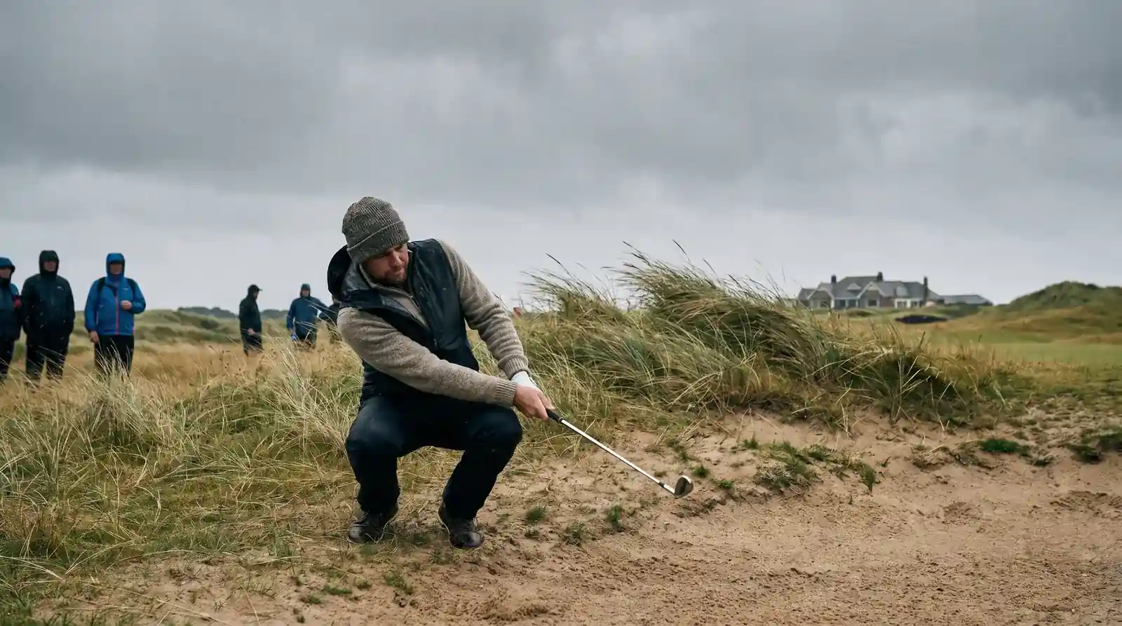 Open Qualifying Series golfer playing a low punch iron from a links fairway on a cold breezy Final Qualifying day