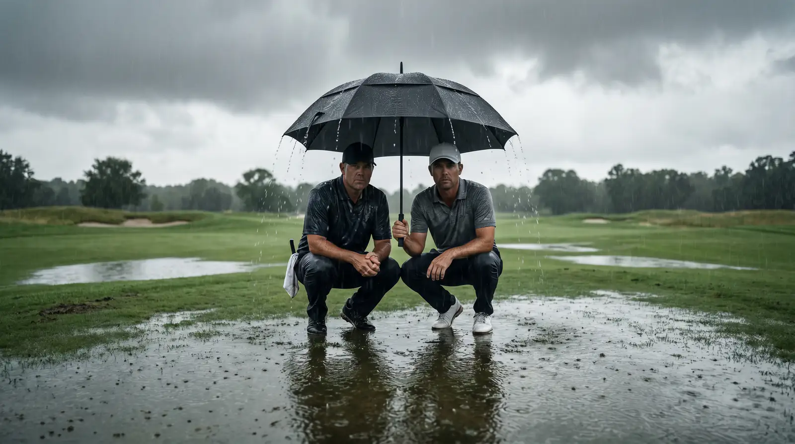 Rain-soaked parkland fairway with puddles forming in low spots and a player taking shelter under an umbrella with his caddie