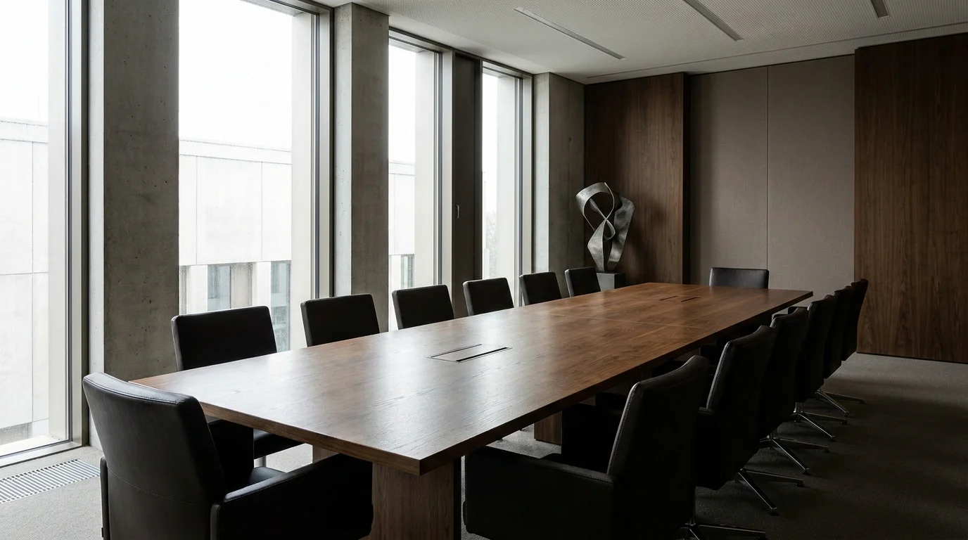 Modern regulator-style meeting room with a long polished table and several empty chairs evoking a formal stakeholder meeting