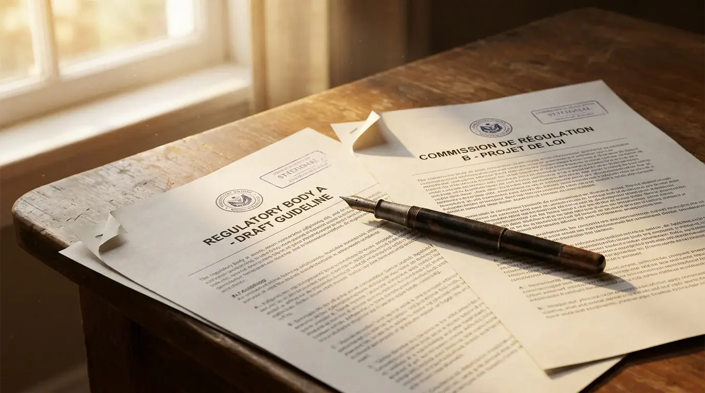 Two printed regulatory documents side by side on a desk representing the boundary between gambling and commodities regulation