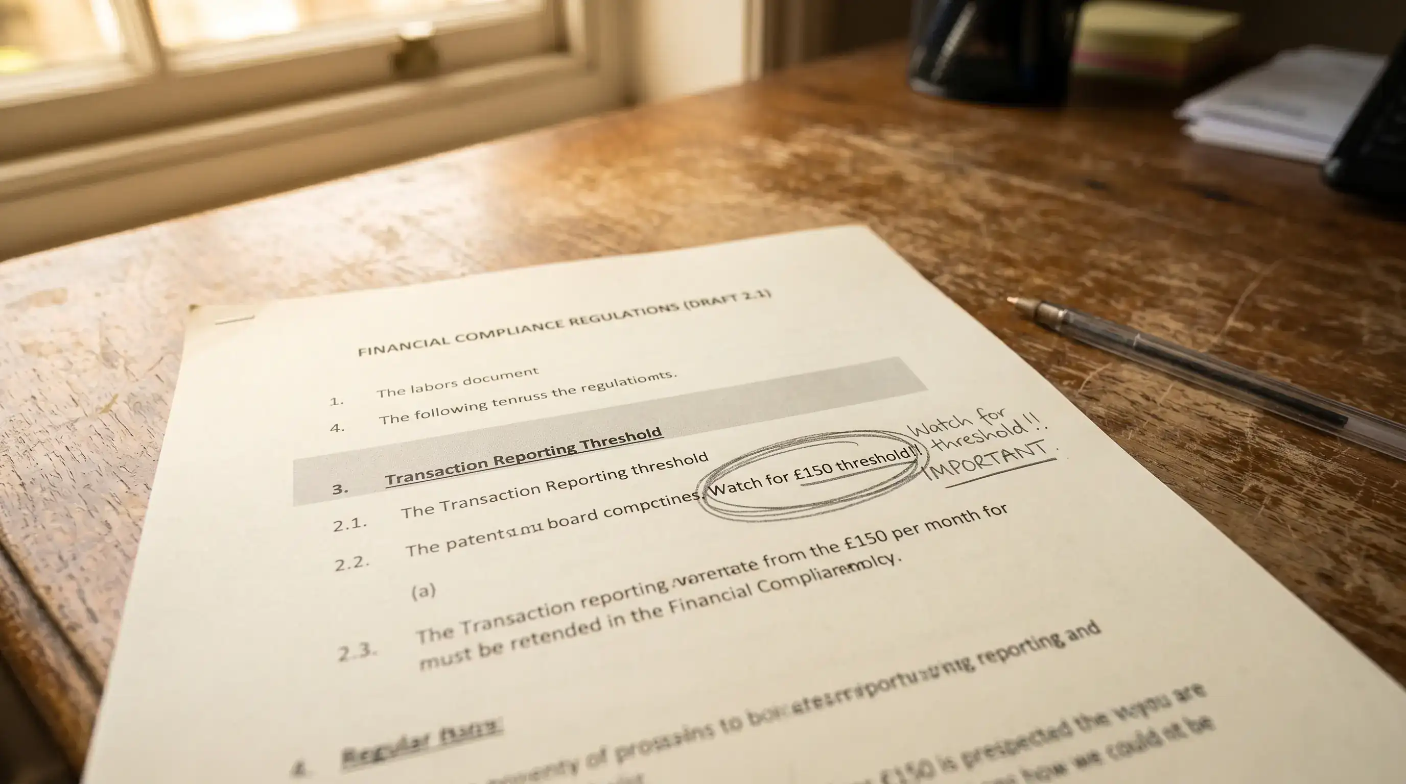 Printed regulatory paper document about UK gambling rules on a desk with the £150 threshold note circled in pencil