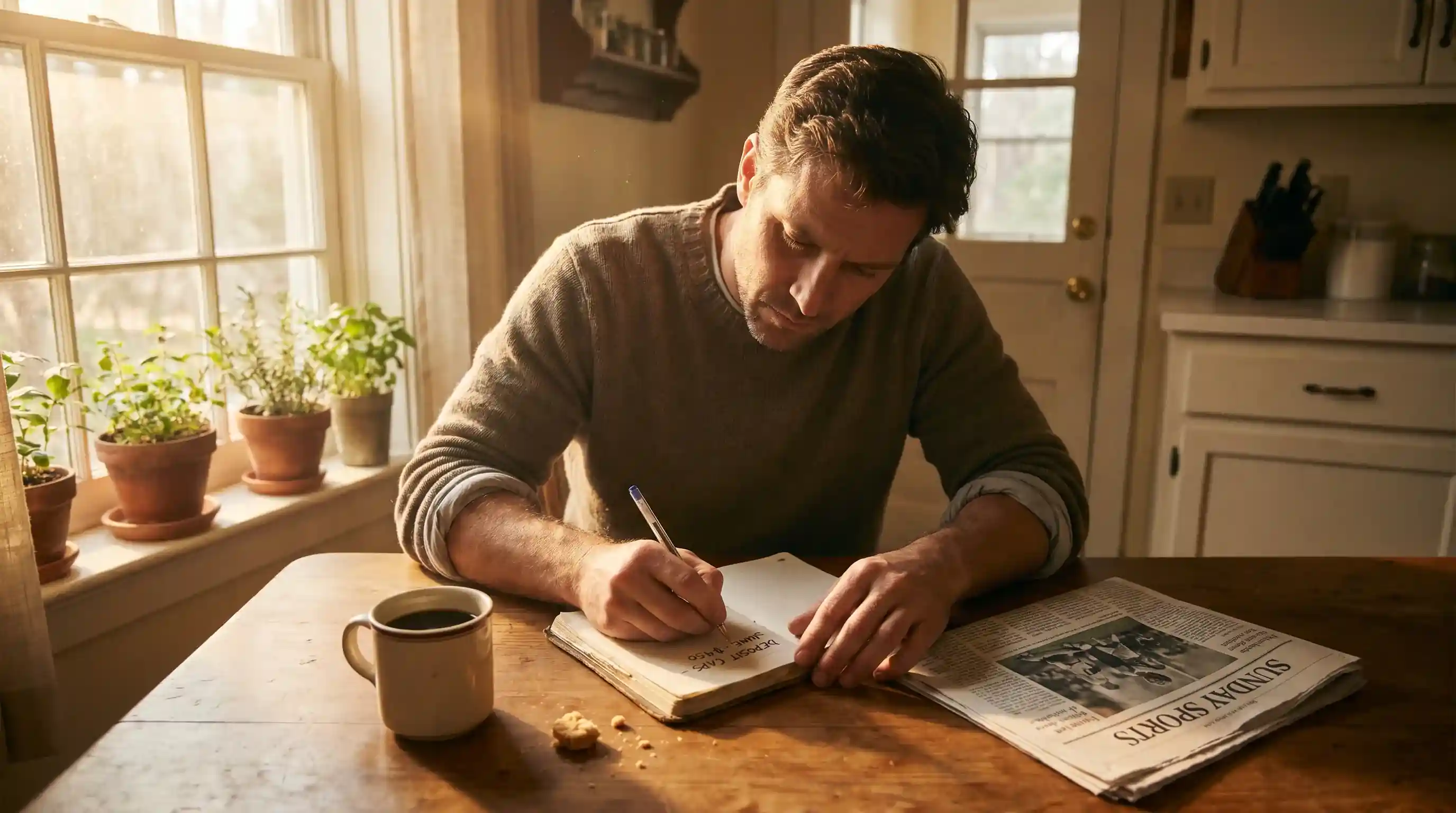 UK punter writing personal deposit cap notes in a small notebook at a kitchen table during a Sunday morning routine