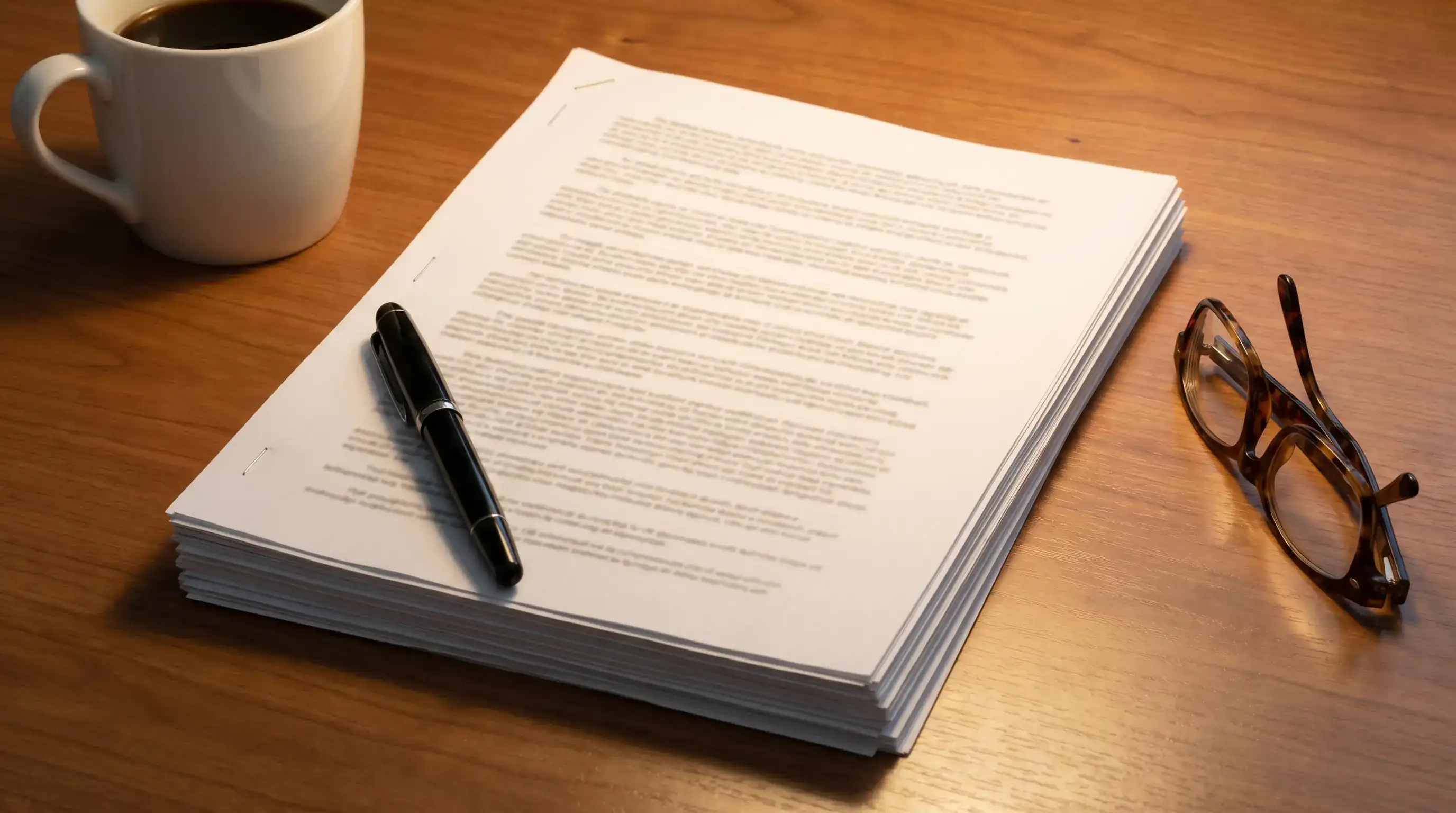 Formal printed regulatory document resting on a wooden desk with a fountain pen and reading glasses beside it