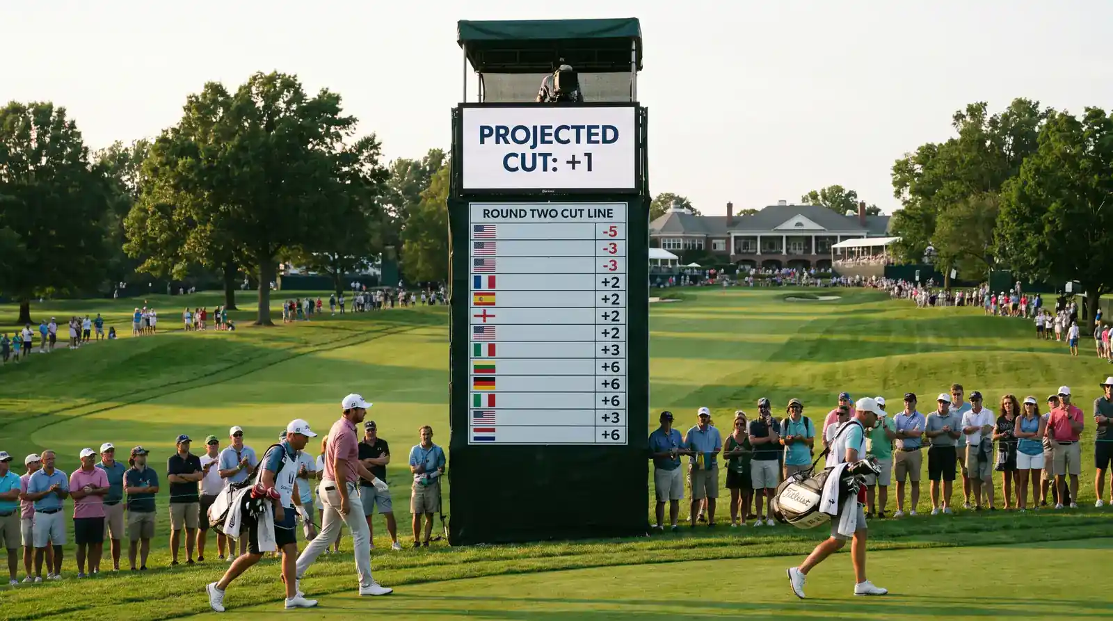 Round-two cut line indicator board at a professional men's parkland tournament showing the projected cut score