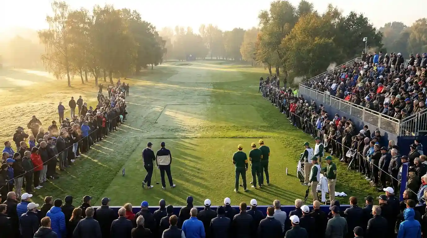Ryder Cup Friday morning tee-off scene with two opening pairings on the first tee in coordinated team uniforms