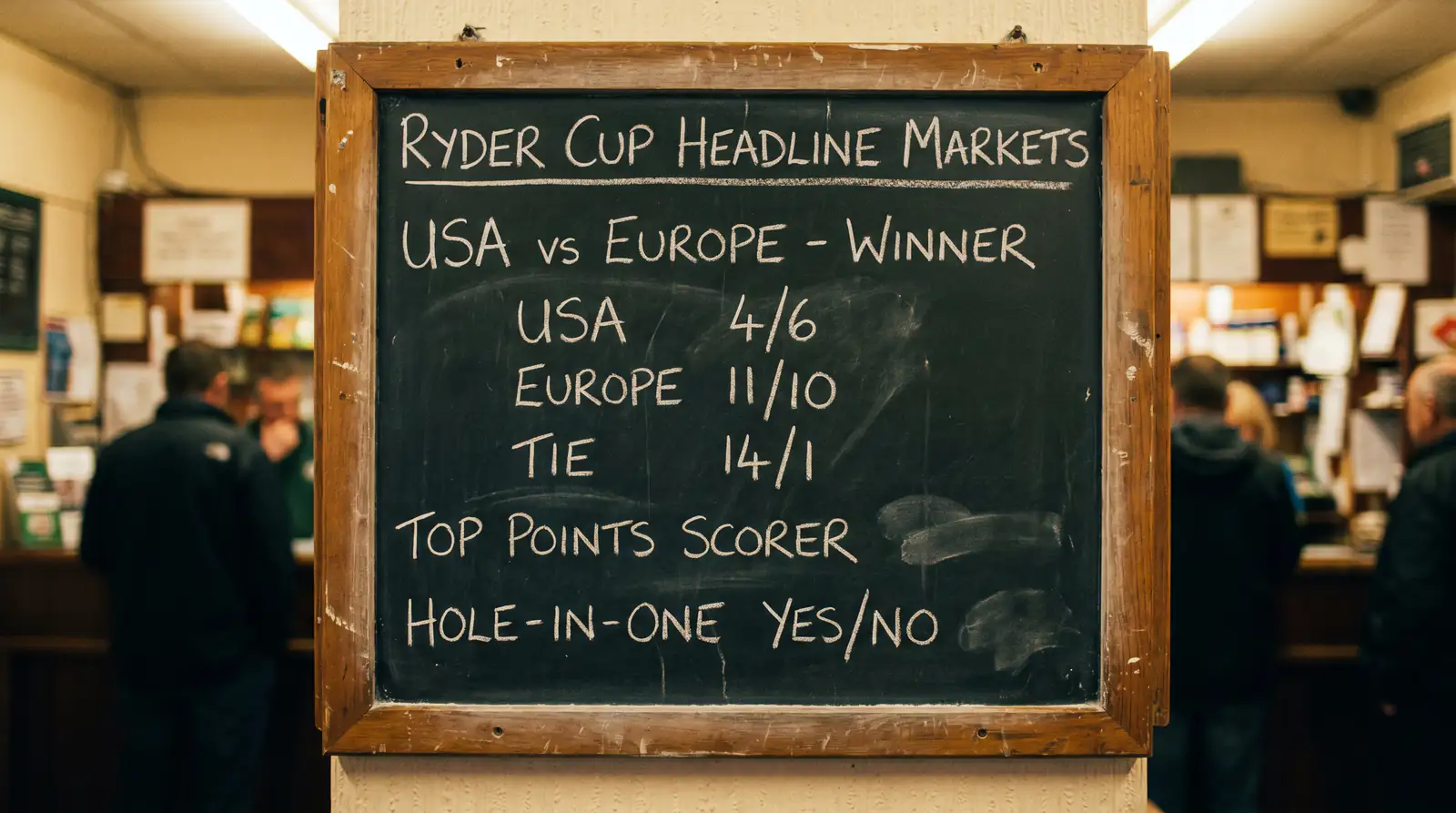 Bookmaker display board listing Ryder Cup headline markets including team winner top points scorer and tie odds on a chalkboard