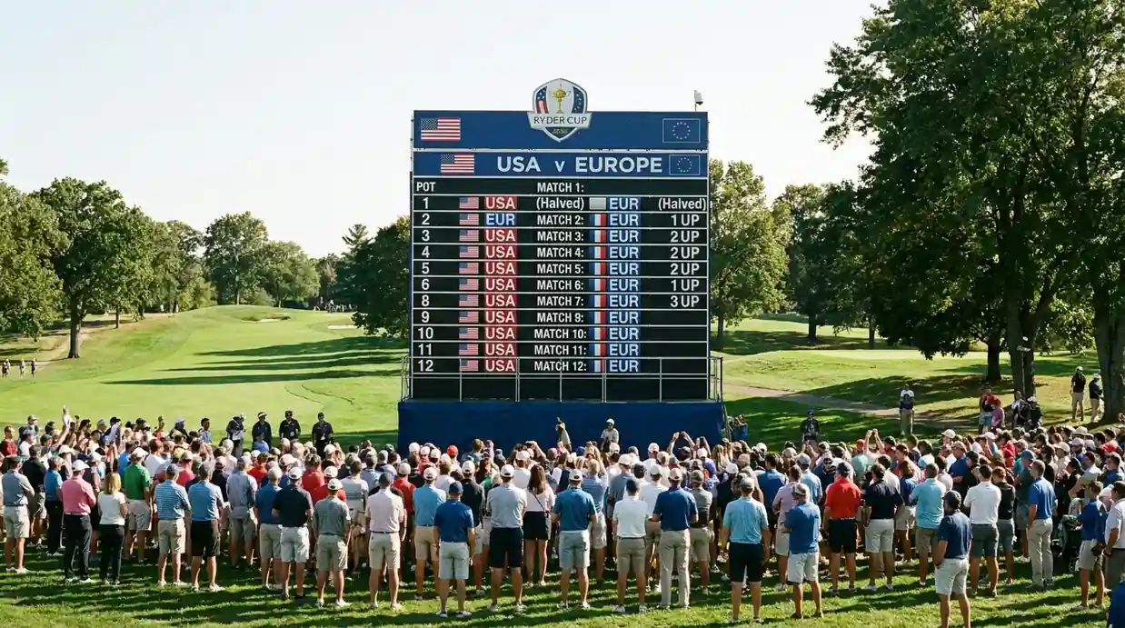 Ryder Cup Sunday singles draw leaderboard at a parkland venue showing all twelve singles matches in play simultaneously