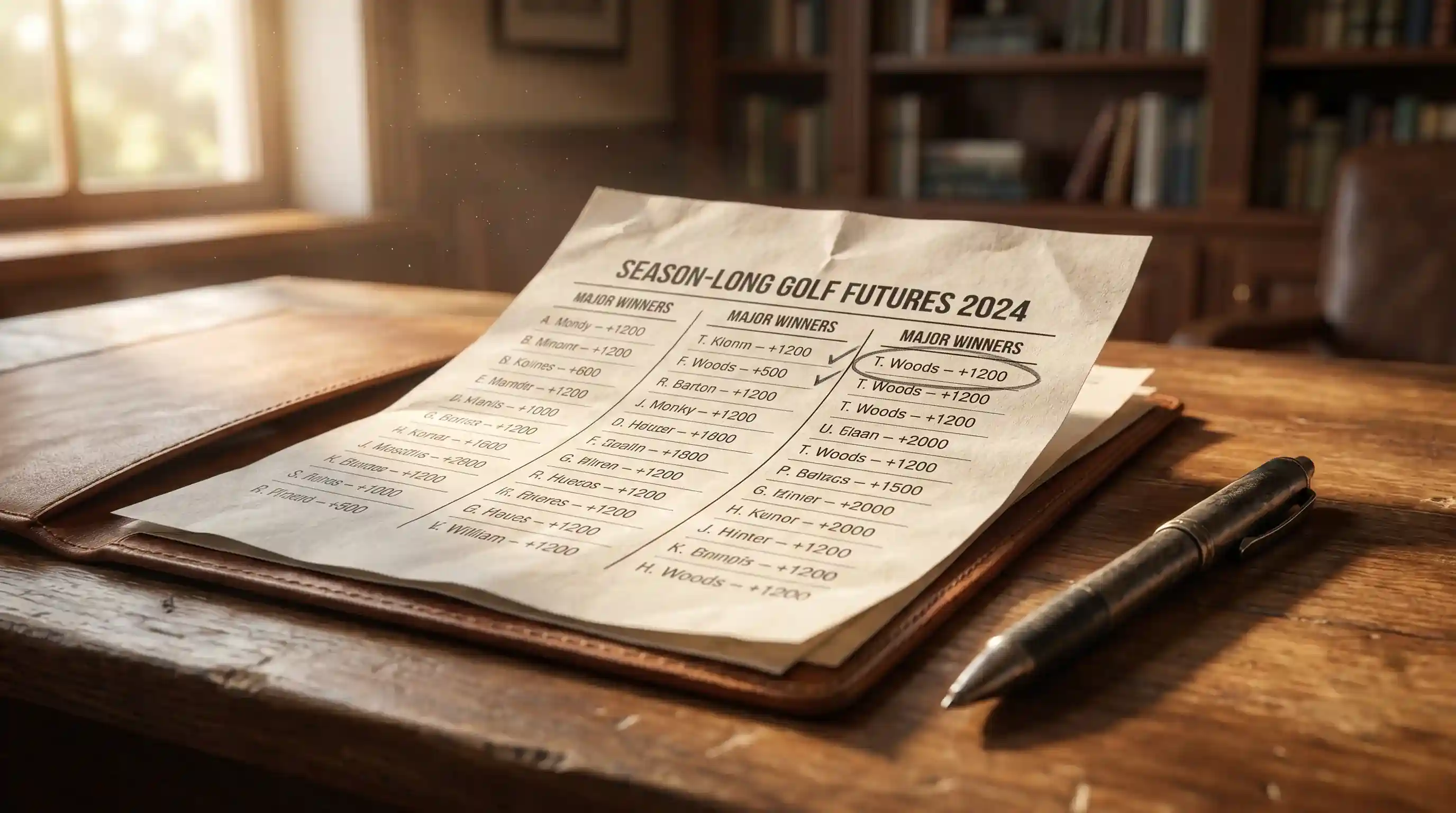 Printed season-long futures sheet on a desk with the Race to Dubai column noted in pencil markings