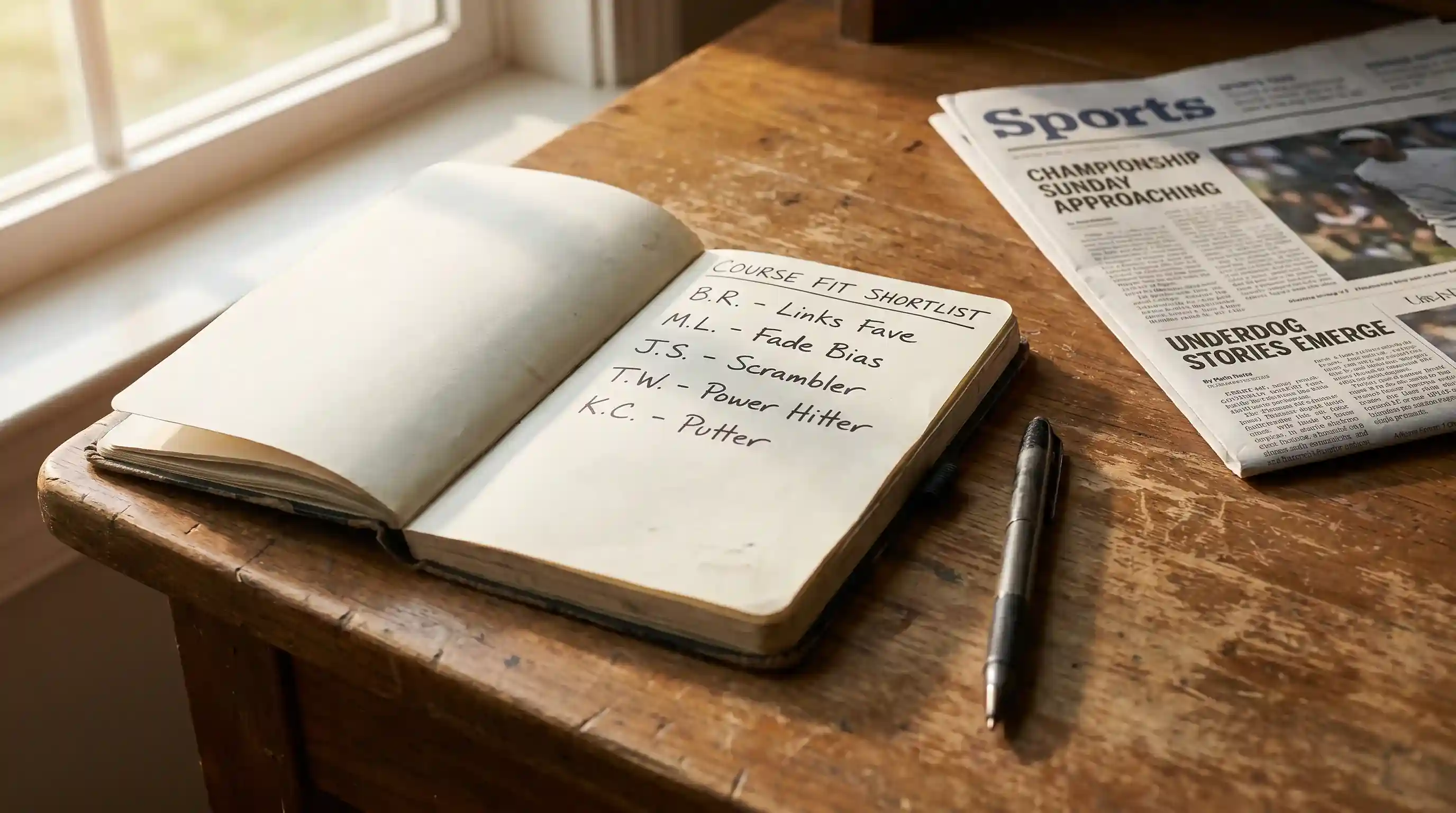 Open notebook on a wooden desk with a shortlist of player names and simple course-fit overlay notes in handwriting