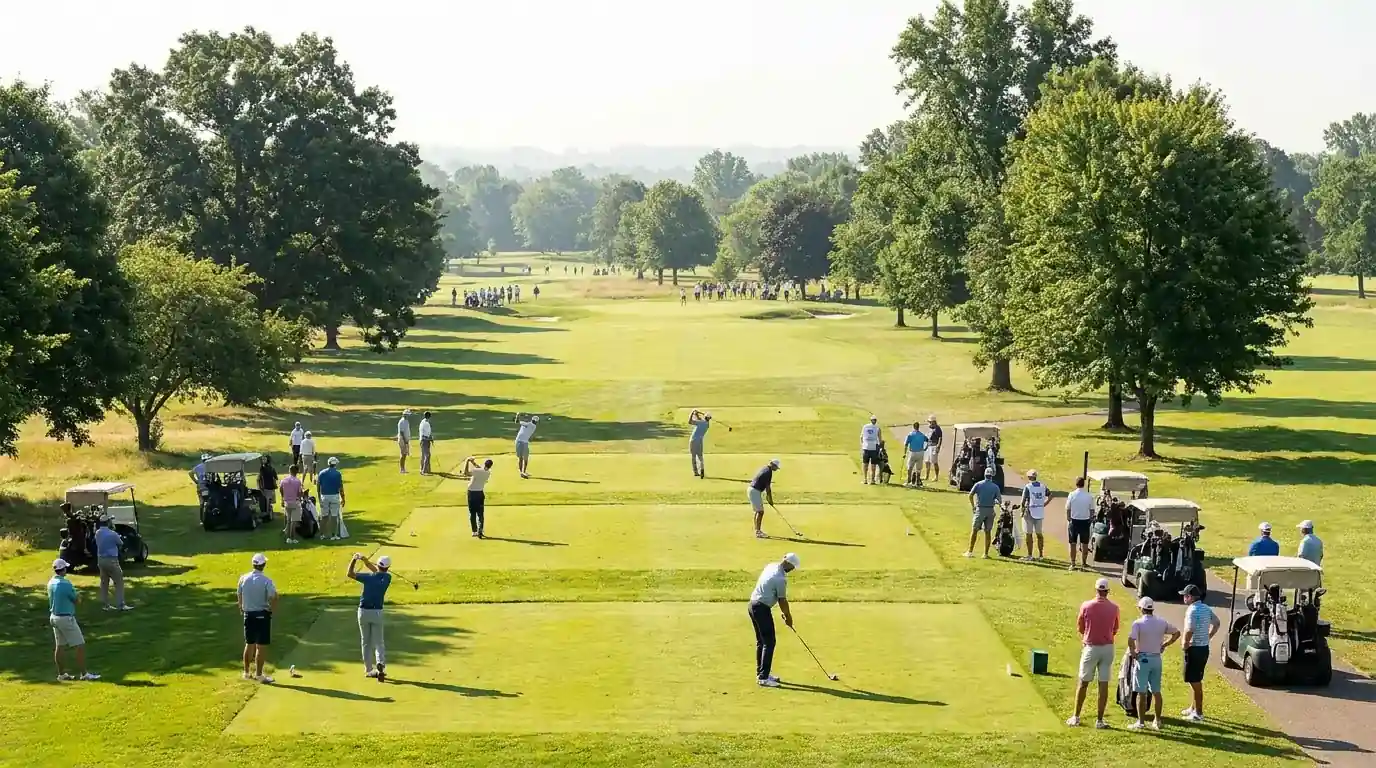 Multiple shotgun-start pairings on different tee boxes around a parkland course teeing off simultaneously on a Saturday morning