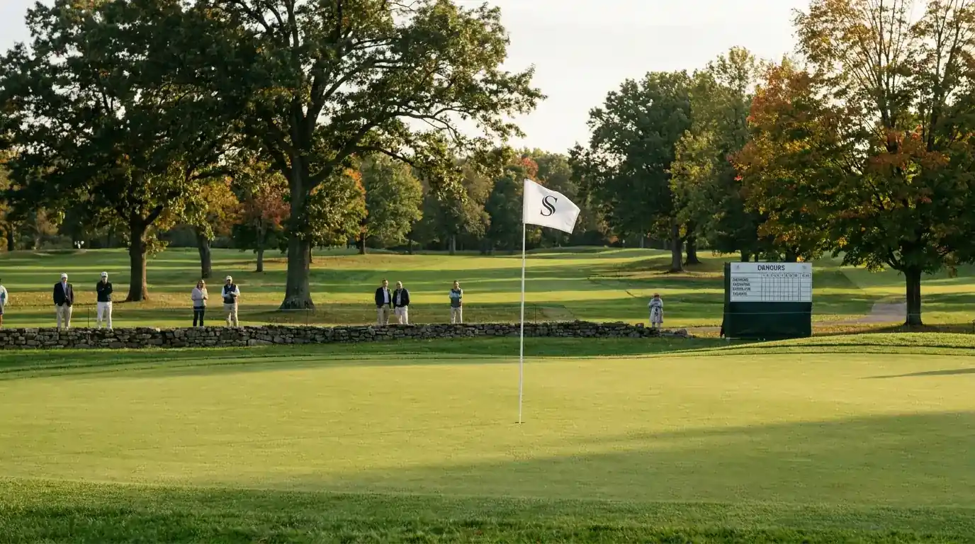 Manicured parkland green at a Solheim Cup-style venue with the flag fluttering in late-summer breeze before a session begins
