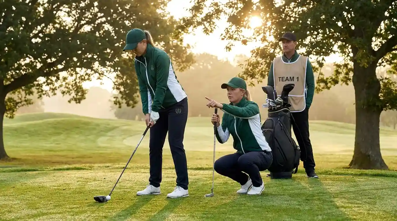 Women's foursomes pairing on a parkland tee box during a Solheim Cup morning session in matching team kits