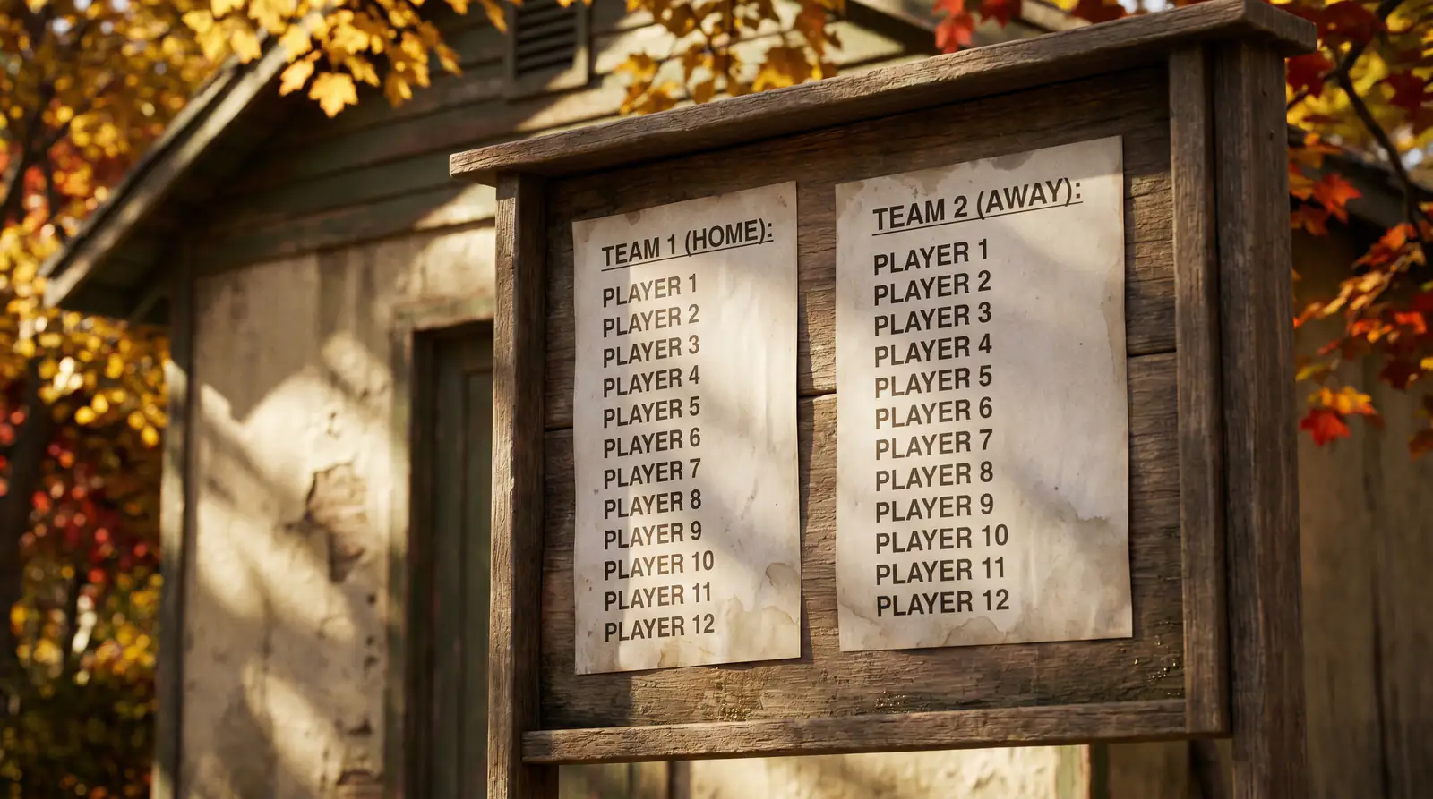 Solheim Cup team roster board outside a clubhouse listing twelve players per team in two columns under autumn light