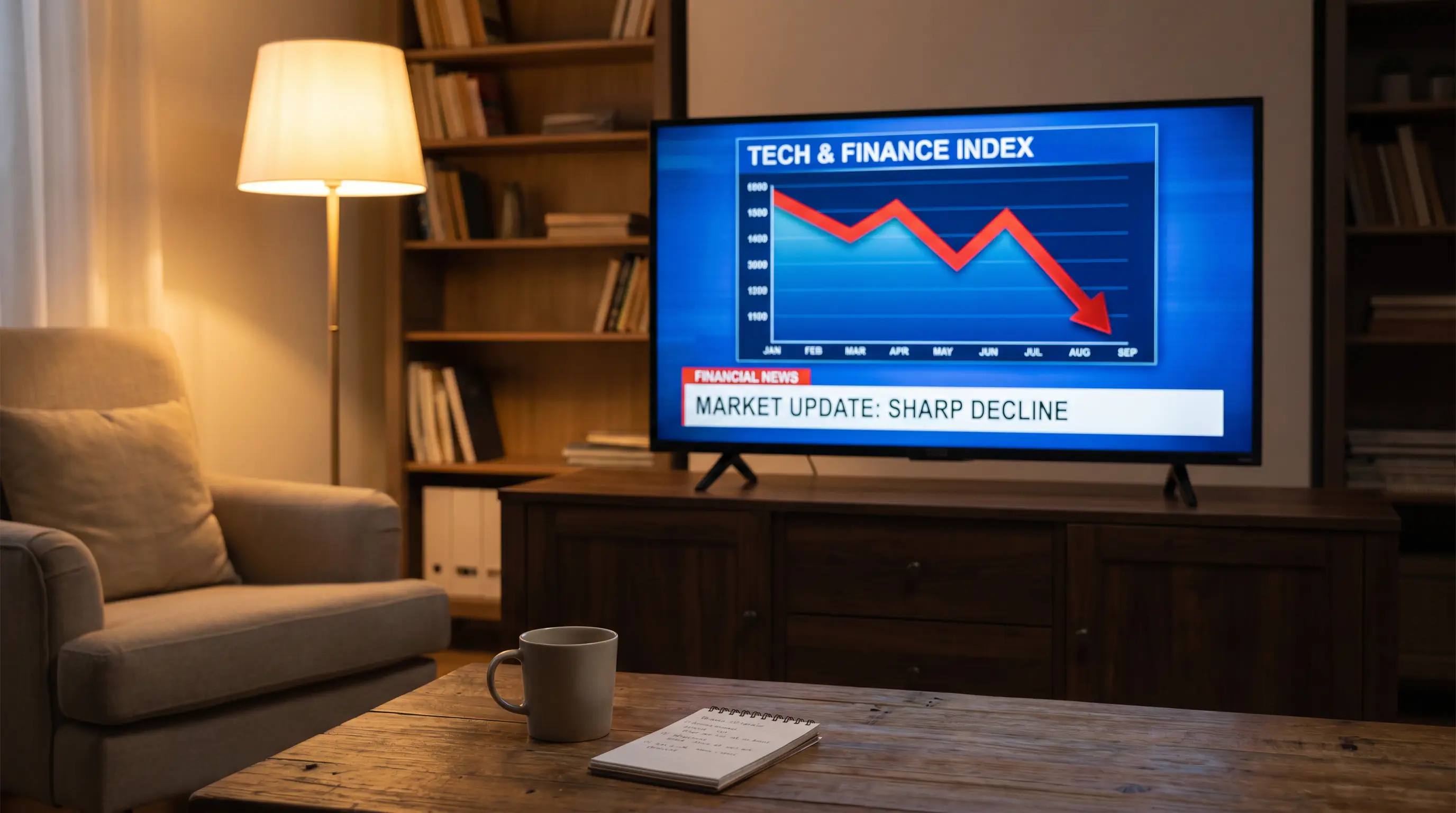 Television in a quiet living room showing a financial broadcast with a gambling sector index dropping on the day after the Budget