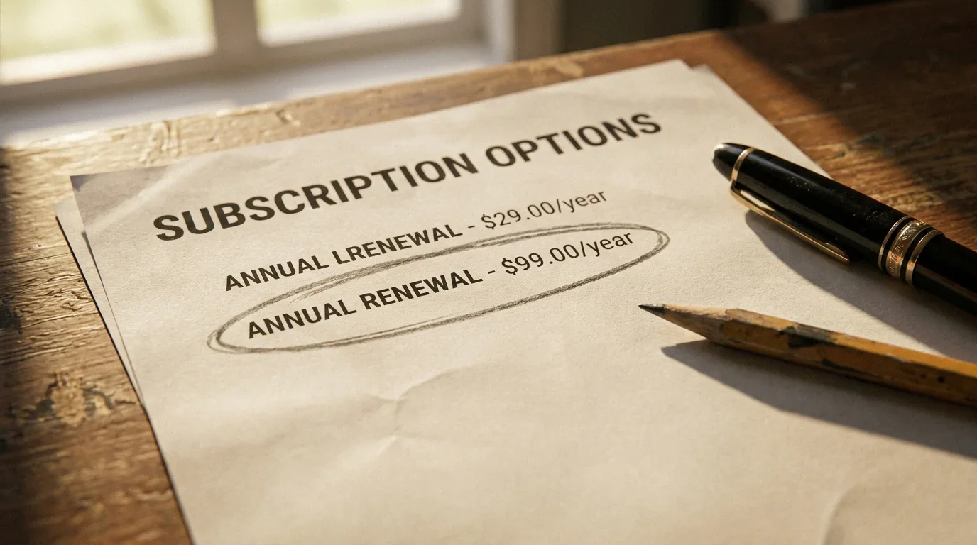 Printed subscription options sheet on a wooden desk with the free tier circled in pencil under window light