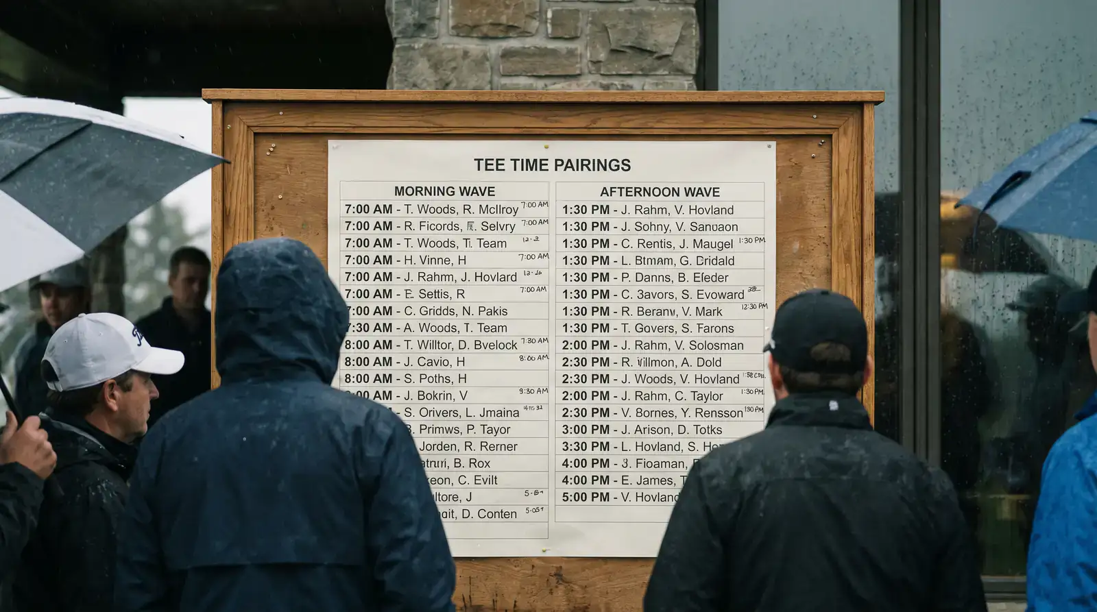 Printed tee-time pairings board outside an Open Championship clubhouse with morning and afternoon waves marked