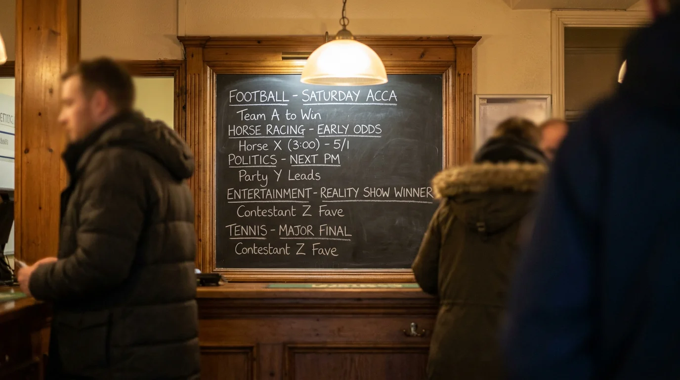 UK betting shop chalkboard with handwritten TGL headline markets including match winner and total holes won during the match
