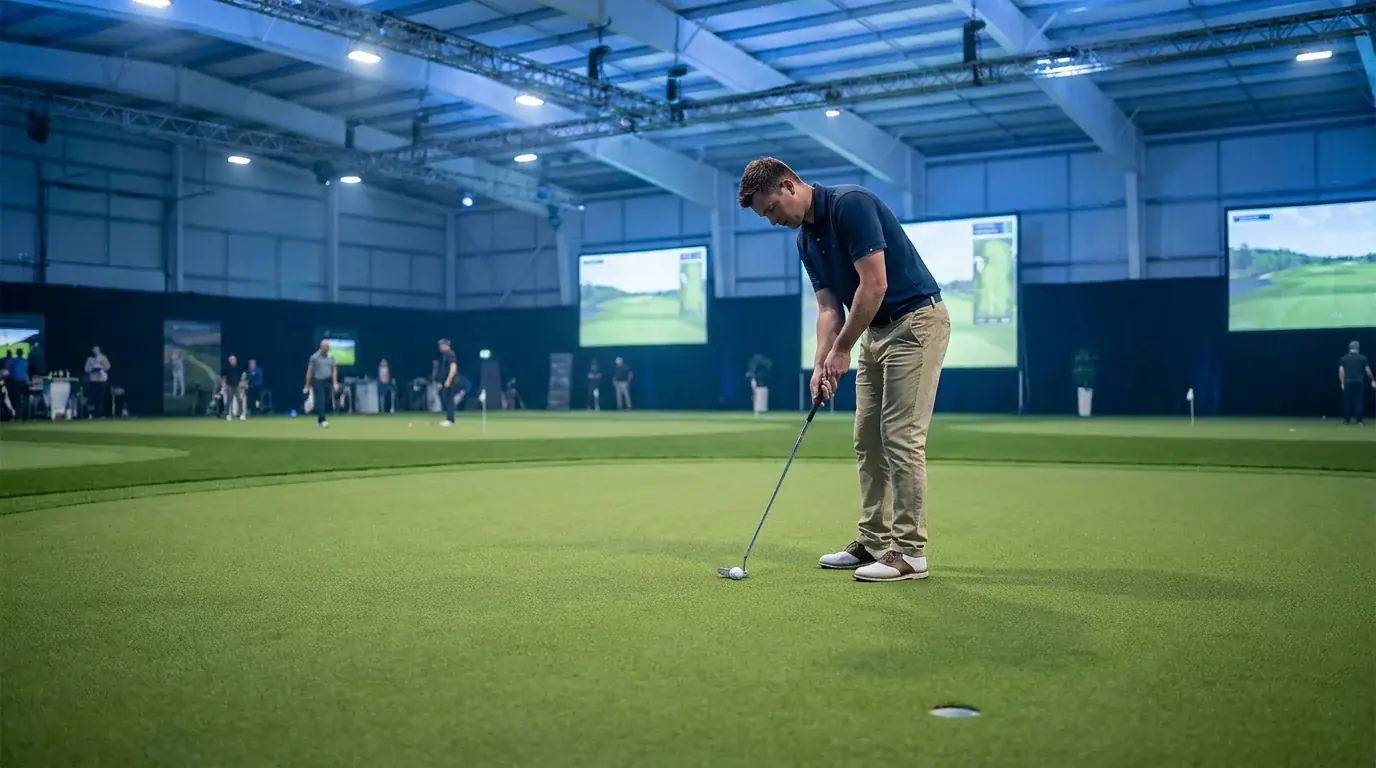 Short-game putting zone inside an indoor golf arena with a player rolling a putt under blue arena lighting during a TGL match