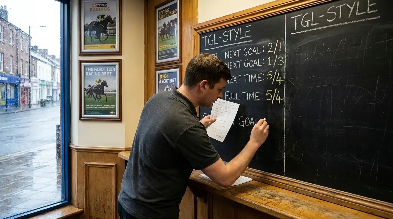 UK betting shop staff manually updating handwritten TGL prices on a chalkboard with limited markets and wider gaps