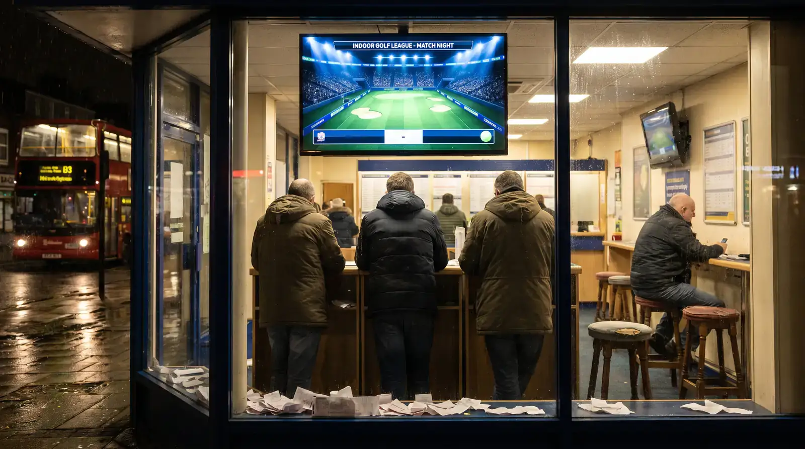 Evening view inside a UK high-street betting shop with a small group of punters watching a TGL-style match on screens