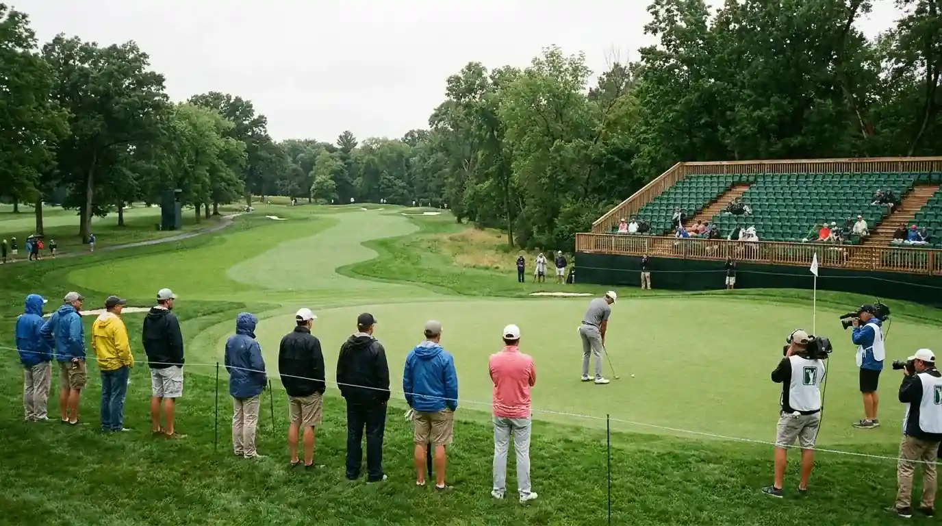 Sparse spectators around a thin-field event on a parkland course mid-week with much of the grandstand empty