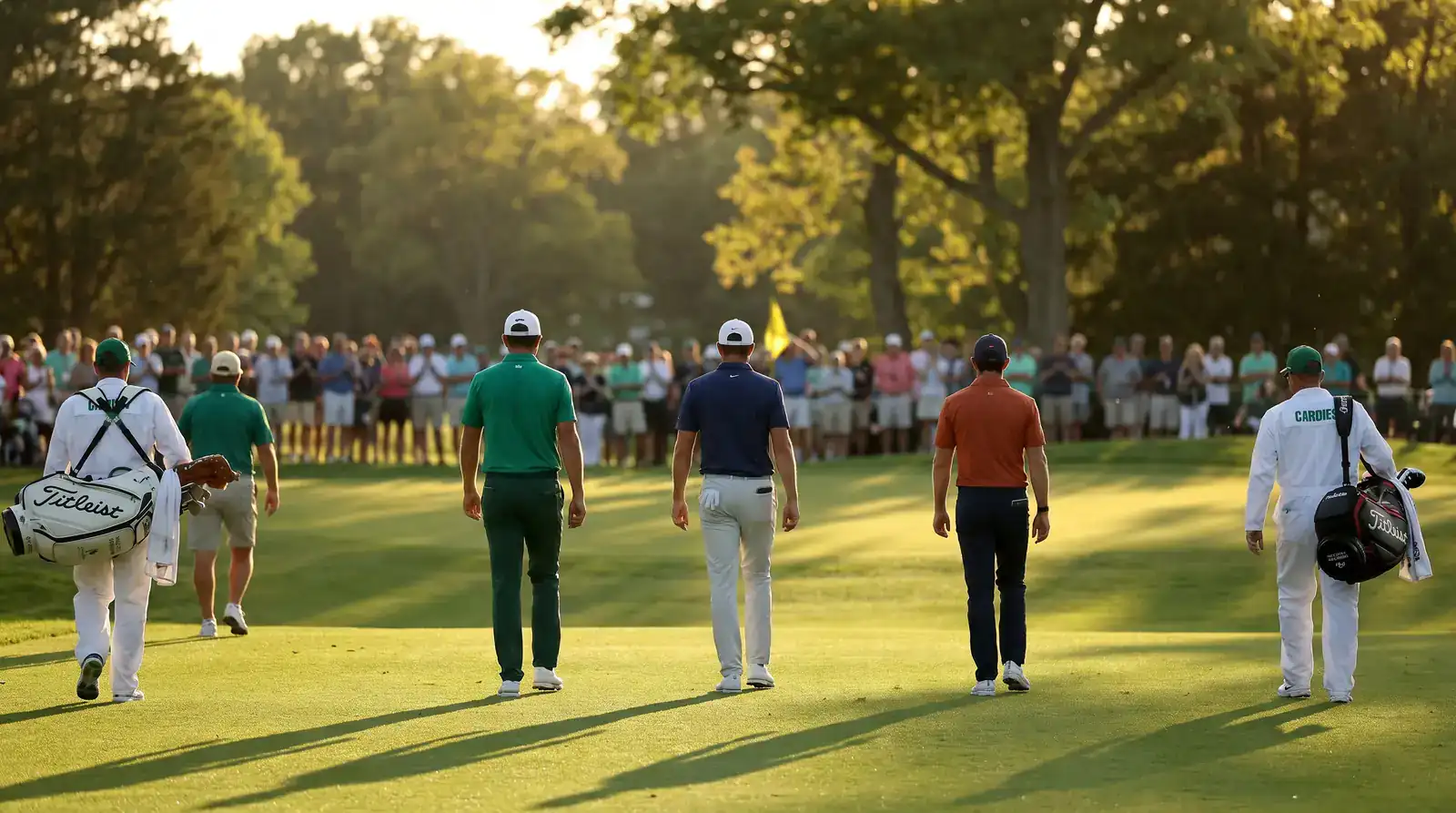 Three professional golfers approaching the final green of a parkland course during the closing holes of a tournament Sunday