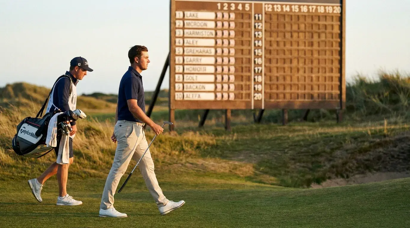 Pro golfer walking off the 18th green and reading the closing scoreboard for top finishing positions