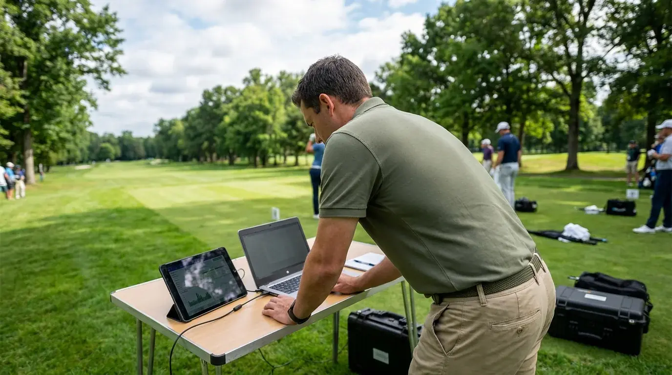 Course-side analyst with a laptop and tablet recording shot-tracking data beside a parkland fairway during a tour round