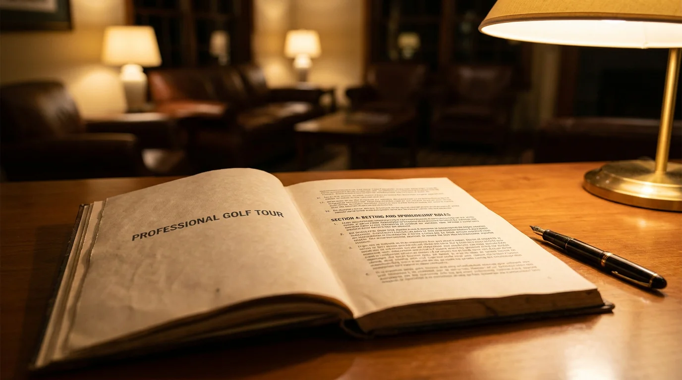 Printed tour player rulebook open on a clubhouse table with a section about betting and sponsorship rules visible