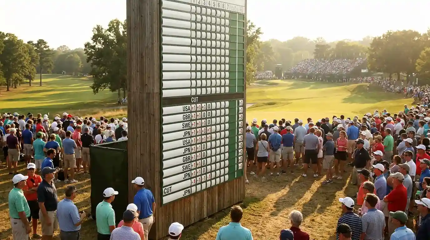 Tournament day-two leaderboard at a US-style parkland setup with a tightly bunched group of players around the cut line