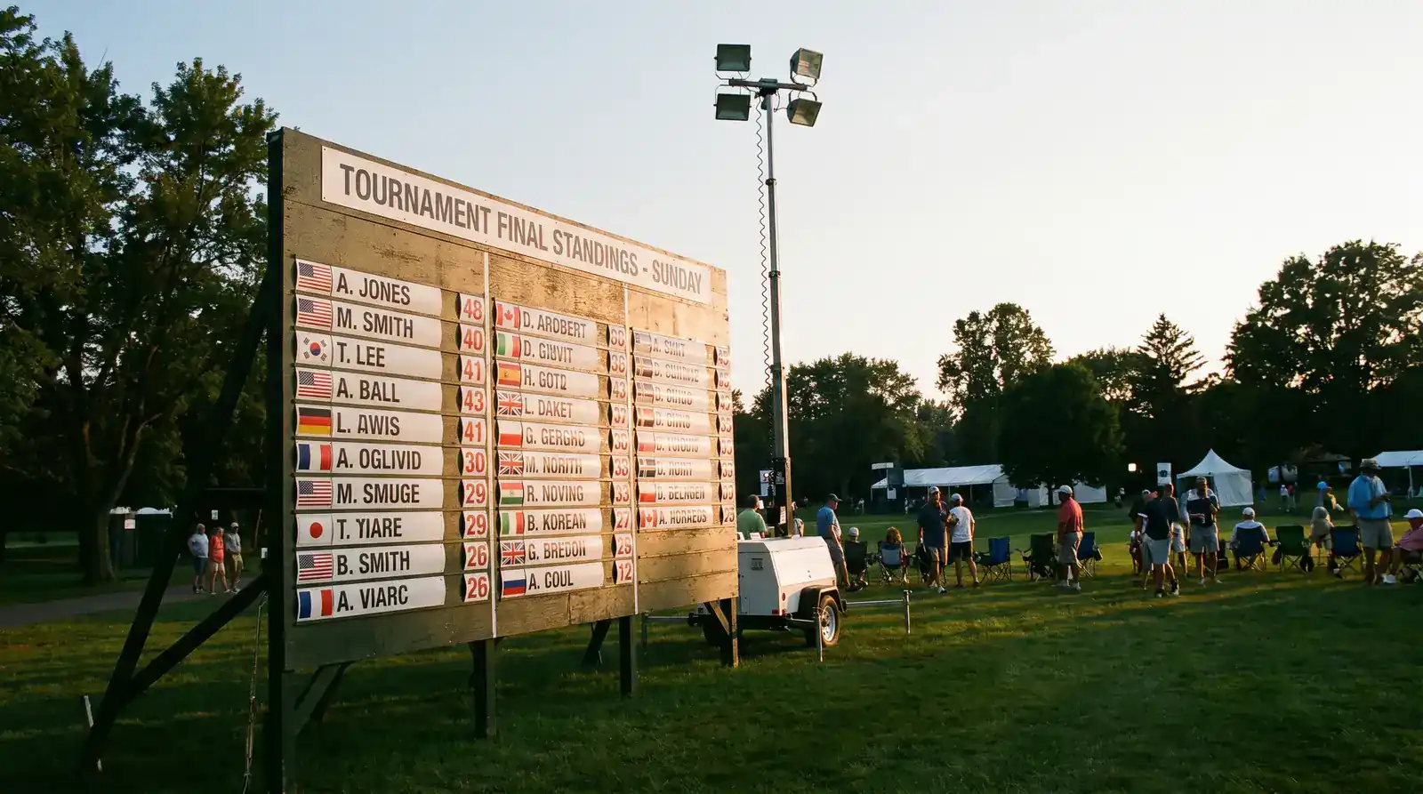 Tournament final standings board on Sunday evening at a parkland championship with the top twenty finishers clearly visible