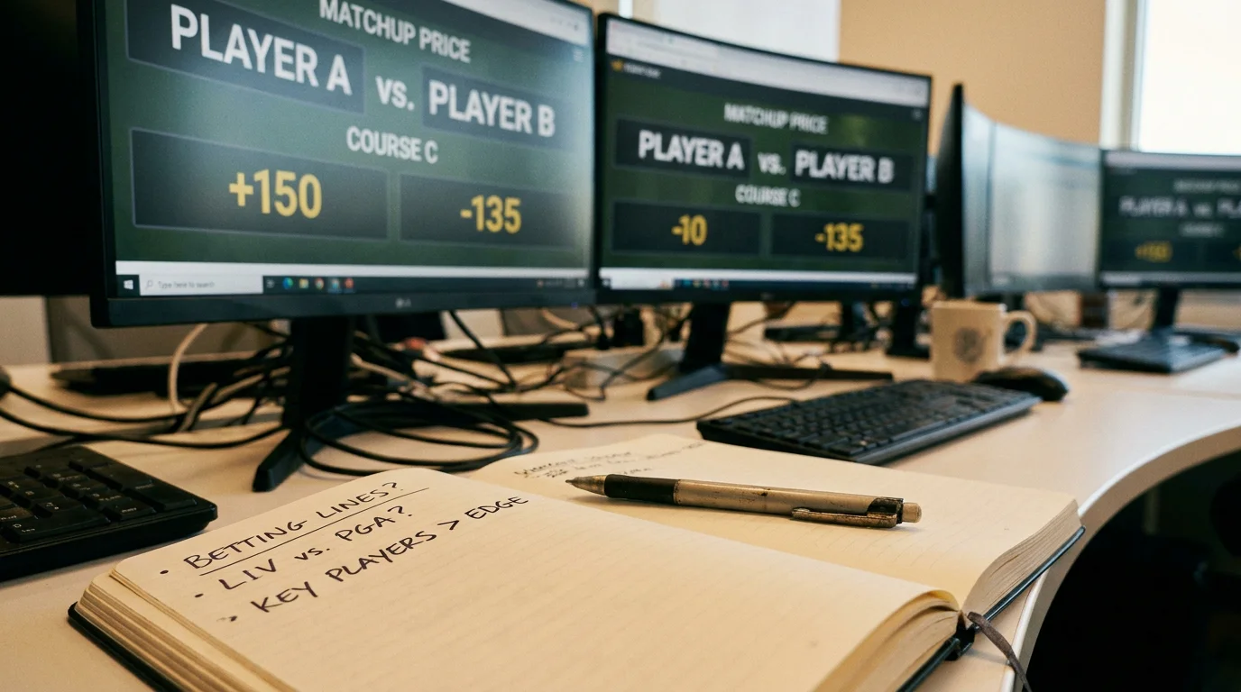Sports trading desk with multiple monitors showing live golf matchup prices and a notebook with handwritten margin notes