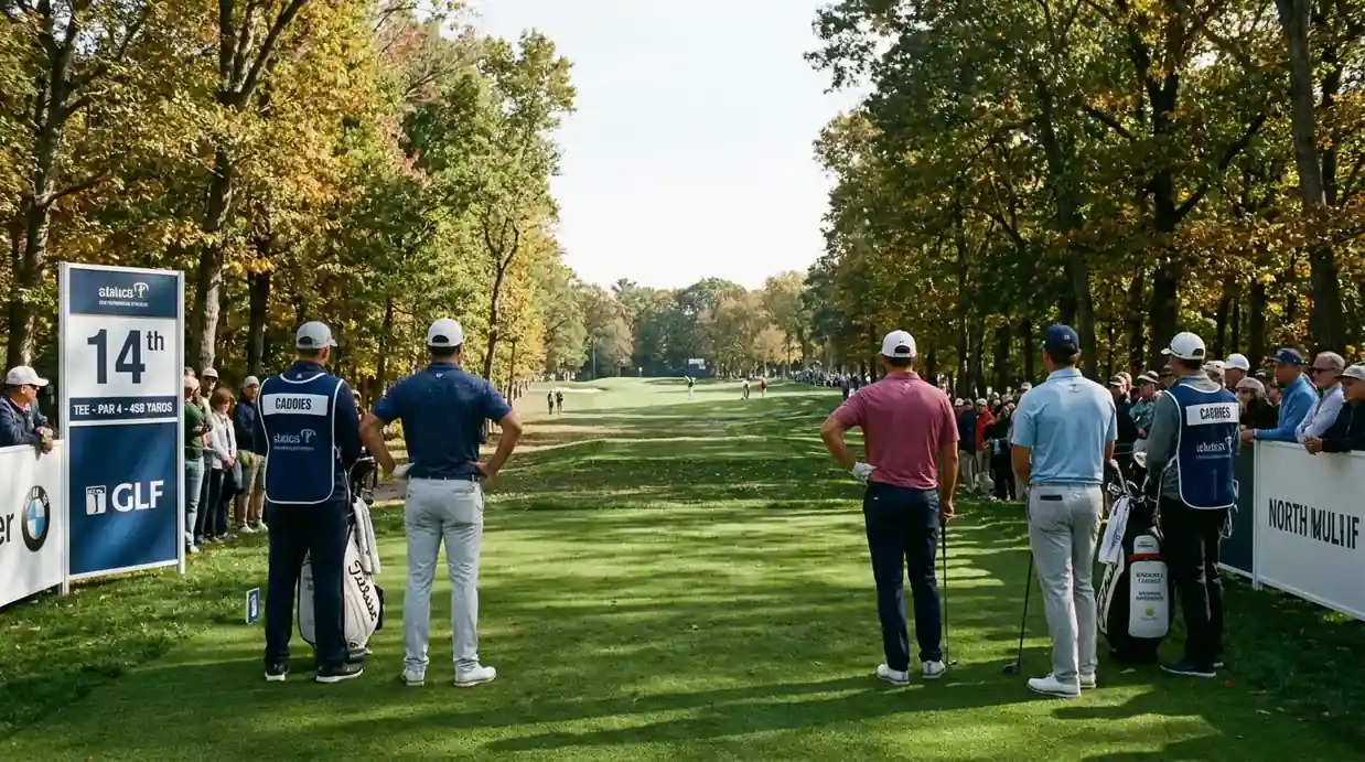 Tee box at a parkland tournament with the next pairing waiting for the group ahead to clear the fairway before teeing off
