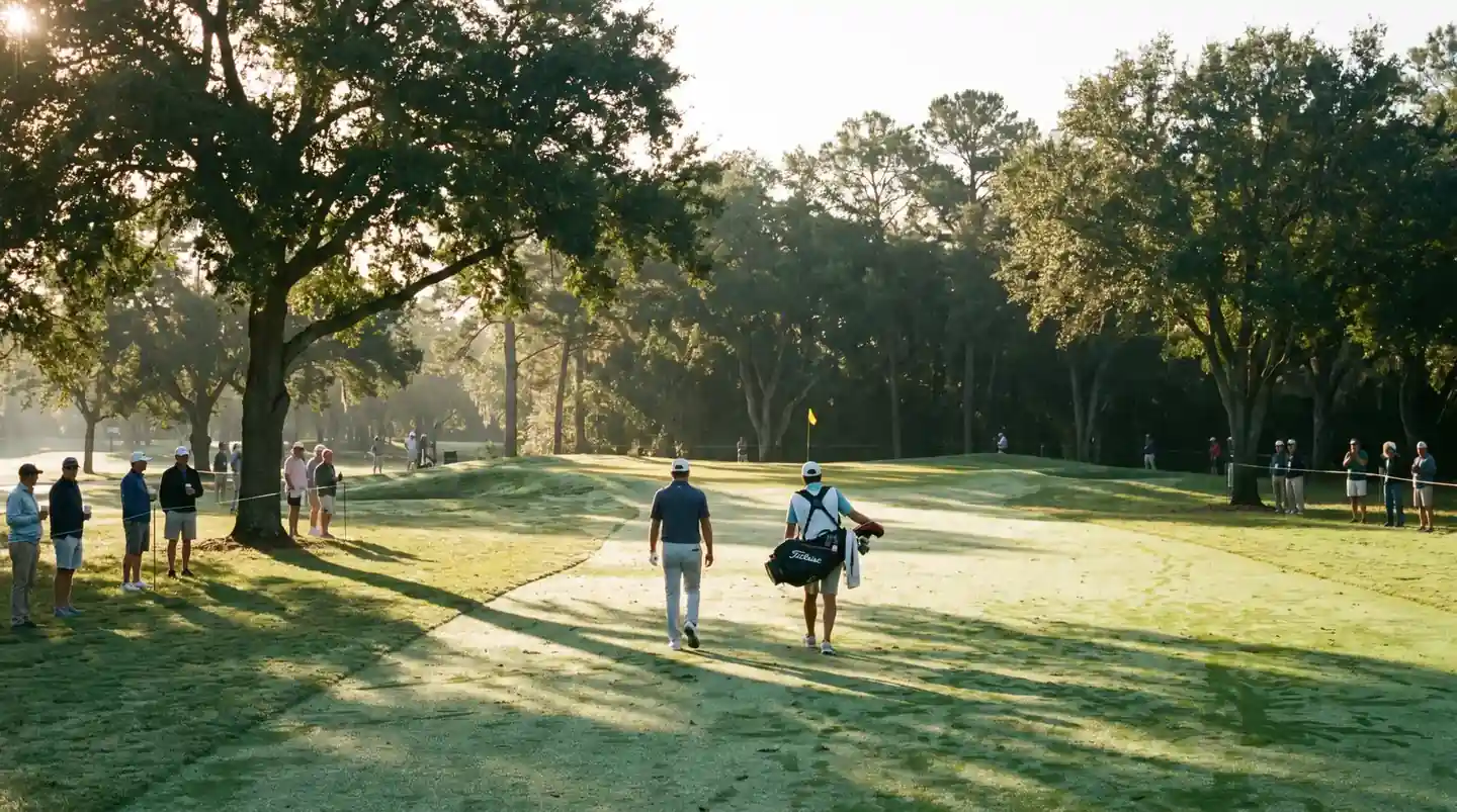 Round-one Thursday front-nine action at a parkland tournament with a player walking a fairway alongside his caddie