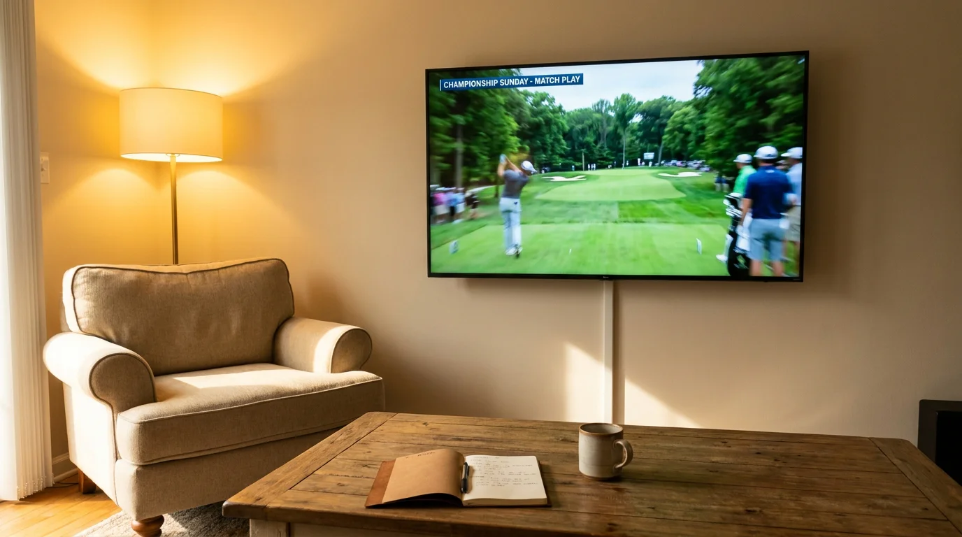 Television showing a tournament broadcast on Sunday afternoon with a weather radar map briefly visible behind the leaderboard