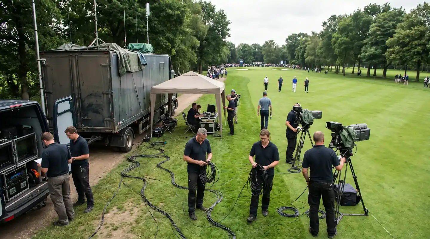 Course-side tour truck and broadcast equipment set up beside a parkland fairway during a LIV-style tournament
