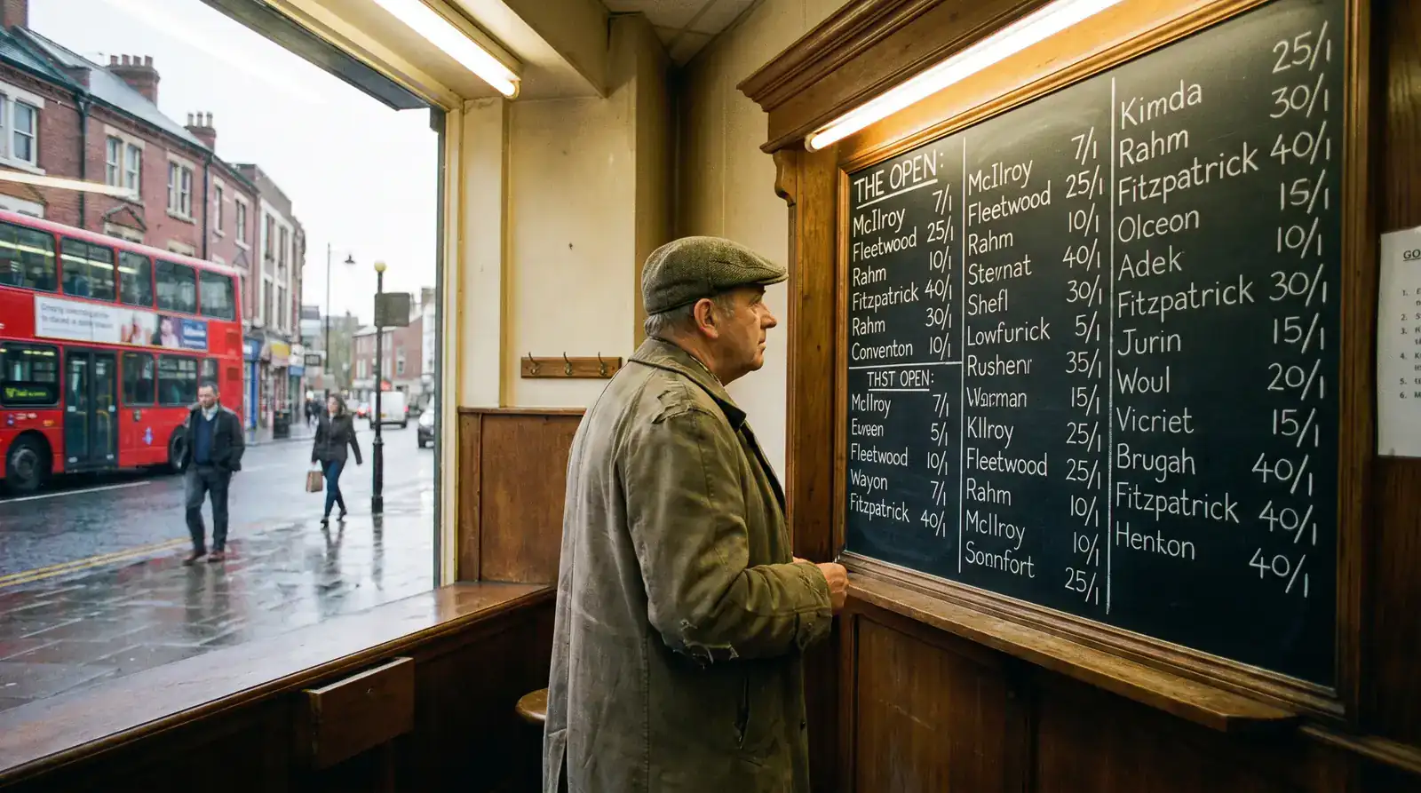 Traditional UK high-street betting shop with handwritten fractional golf odds on a wall chalkboard and a punter studying the board